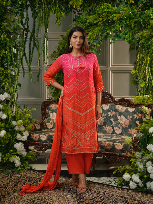 Pink Crepe Silk Handwork Kurta Set with Chiffon Dupatta