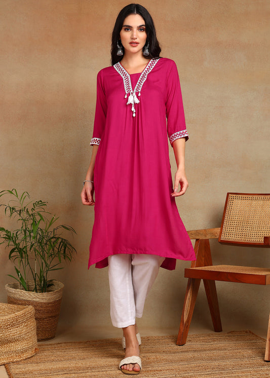 Pink Rayon Slub Kurti with White Embroidered Lace Detailing