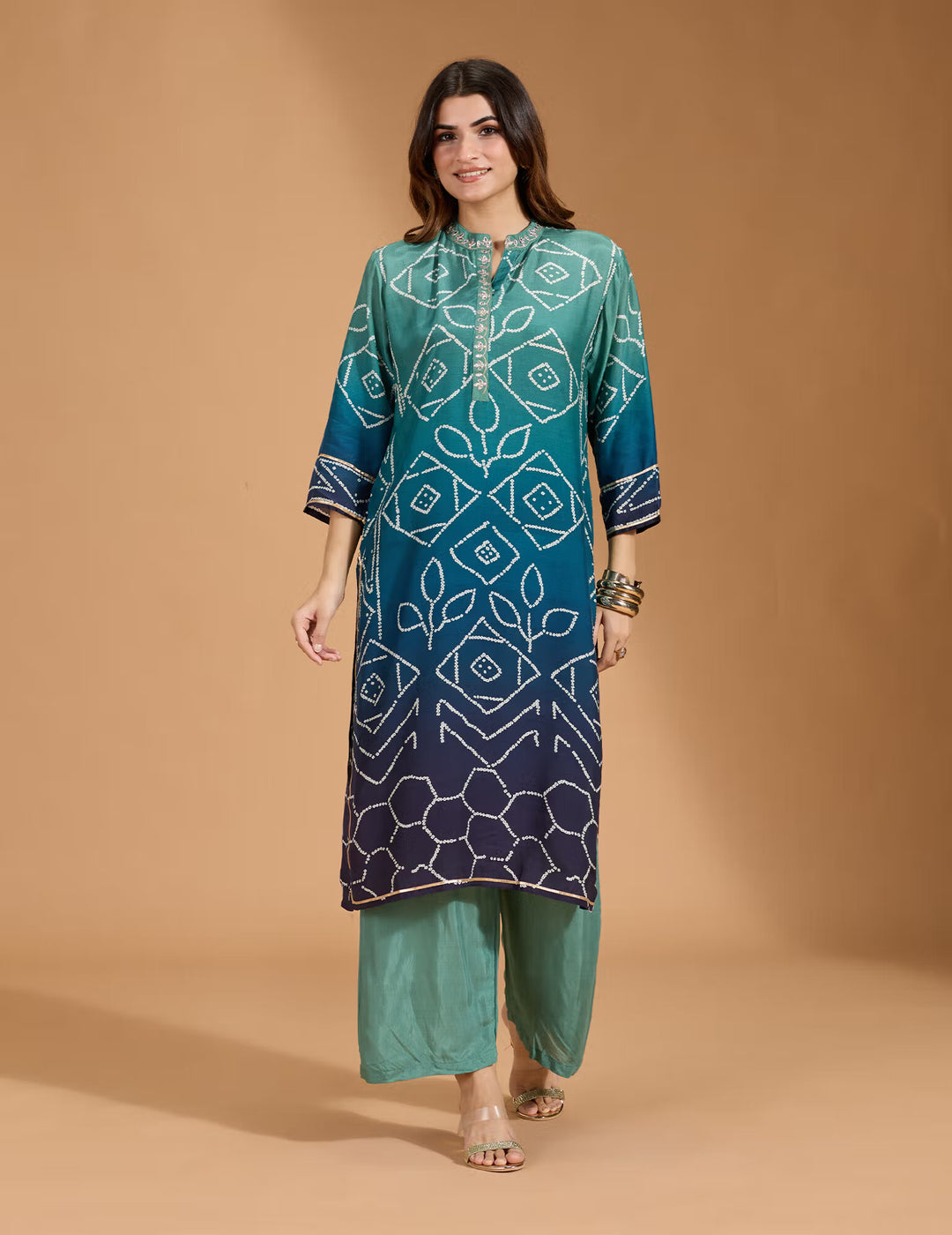 Rayon Embellished Placket with Bandhani Printed Ombre Effect Teal Kurta & Pant
