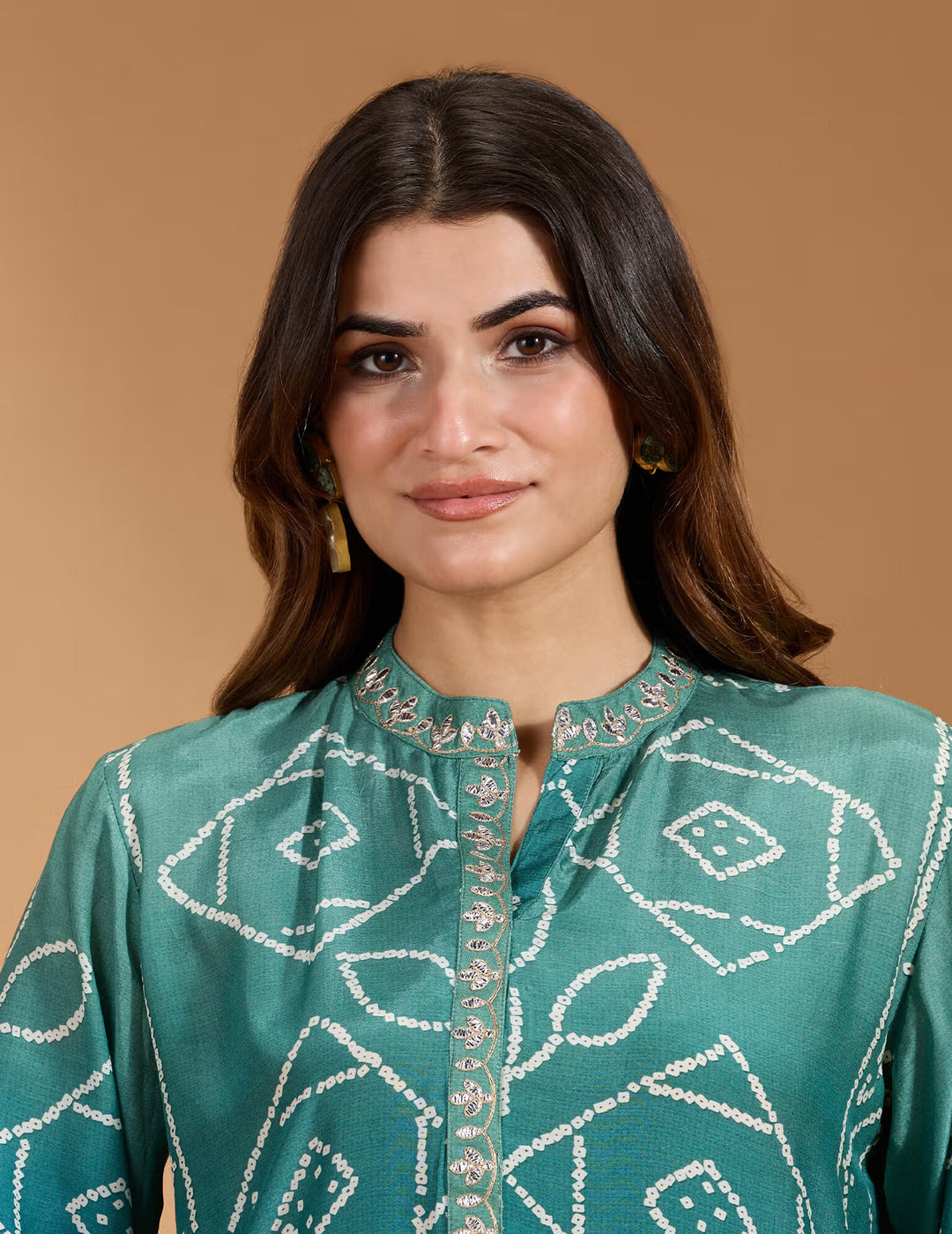 Rayon Embellished Placket with Bandhani Printed Ombre Effect Teal Kurta & Pant