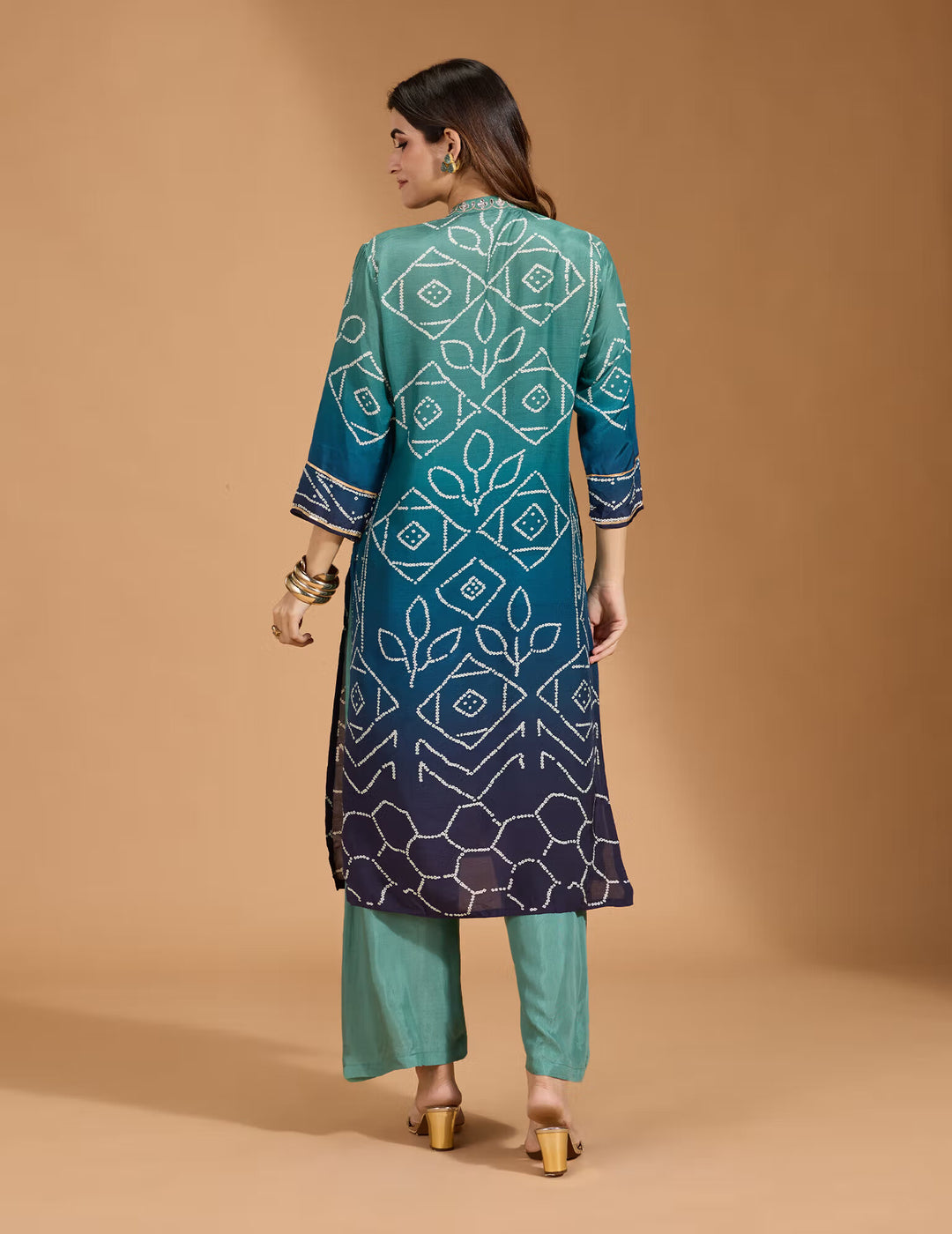 Rayon Embellished Placket with Bandhani Printed Ombre Effect Teal Kurta & Pant