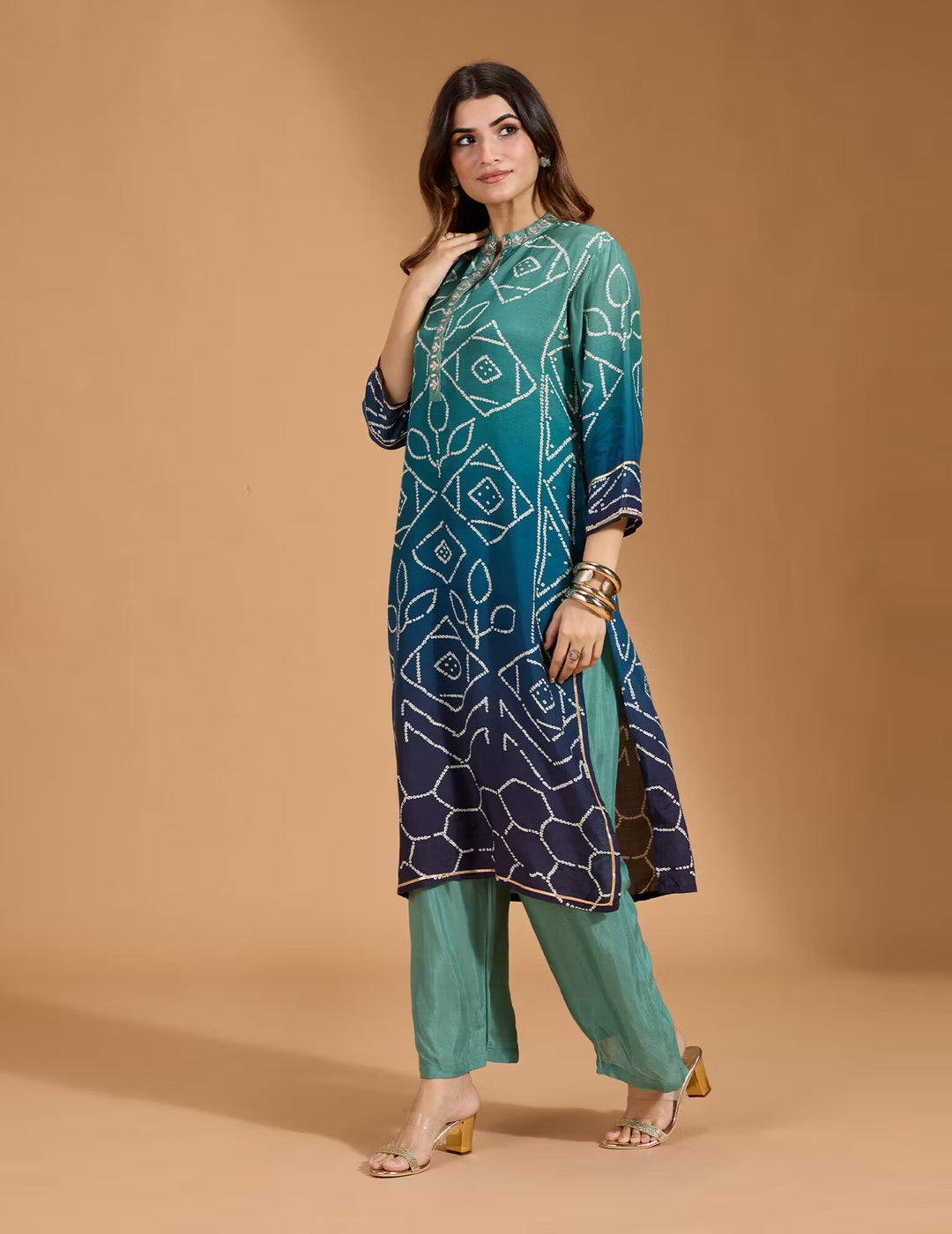 Rayon Embellished Placket with Bandhani Printed Ombre Effect Teal Kurta & Pant