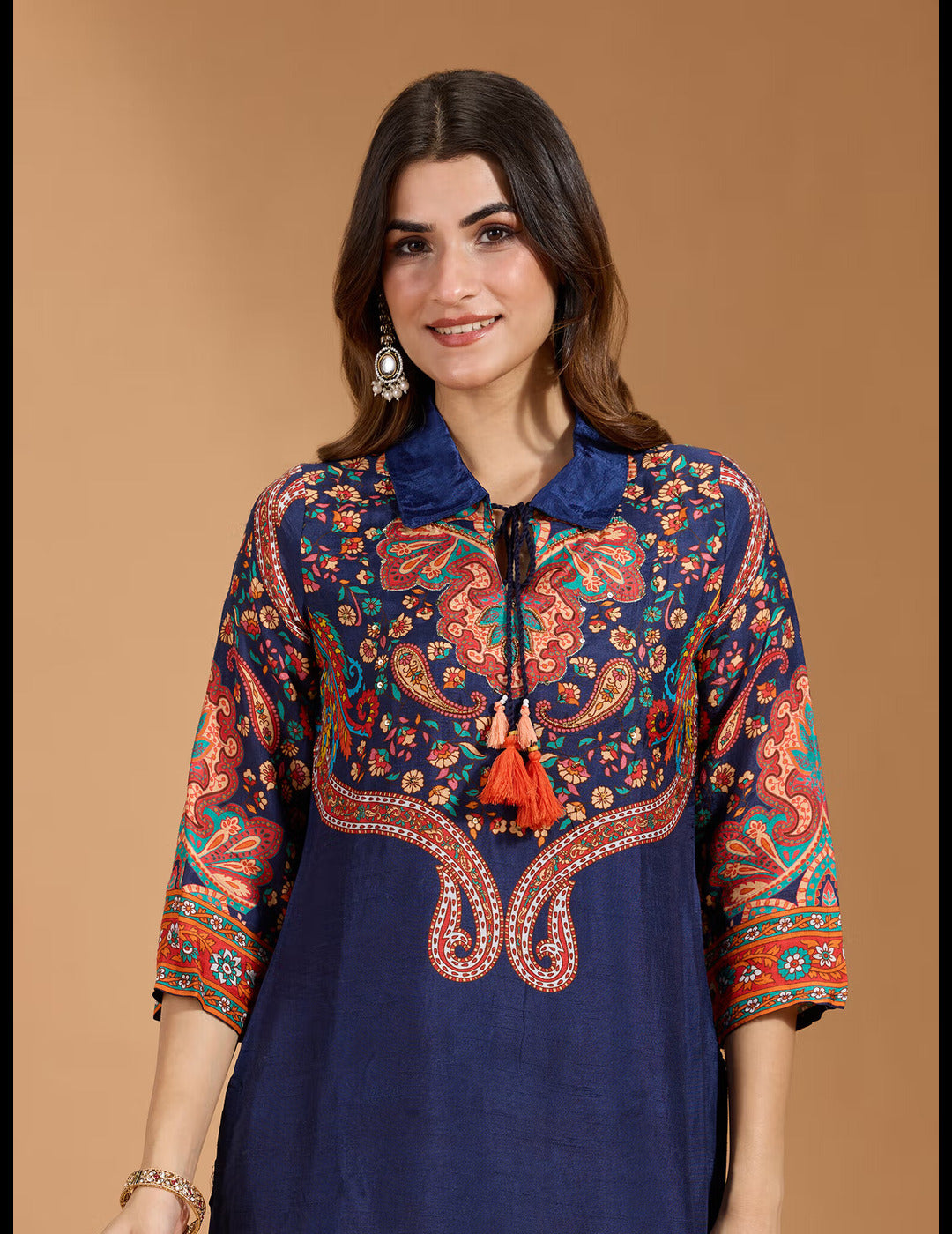 Muslin Floral & Paisley Printed with Sequinned Navy Blue Kurta & Pant