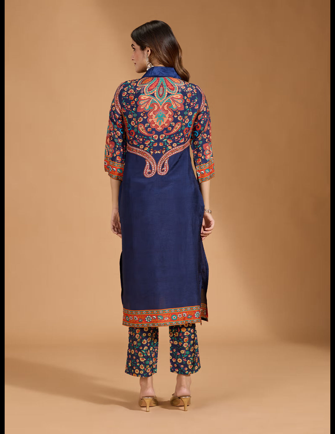 Muslin Floral & Paisley Printed with Sequinned Navy Blue Kurta & Pant