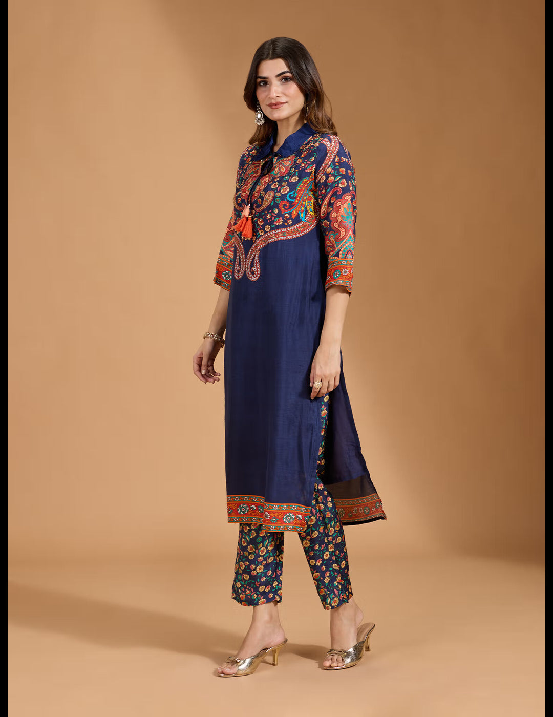 Muslin Floral & Paisley Printed with Sequinned Navy Blue Kurta & Pant