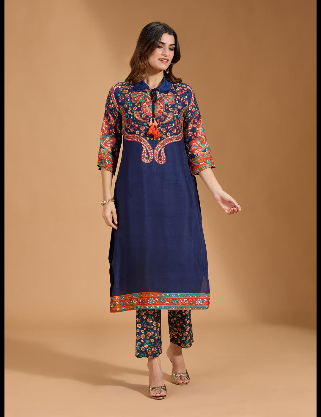 Muslin Floral & Paisley Printed with Sequinned Navy Blue Kurta & Pant
