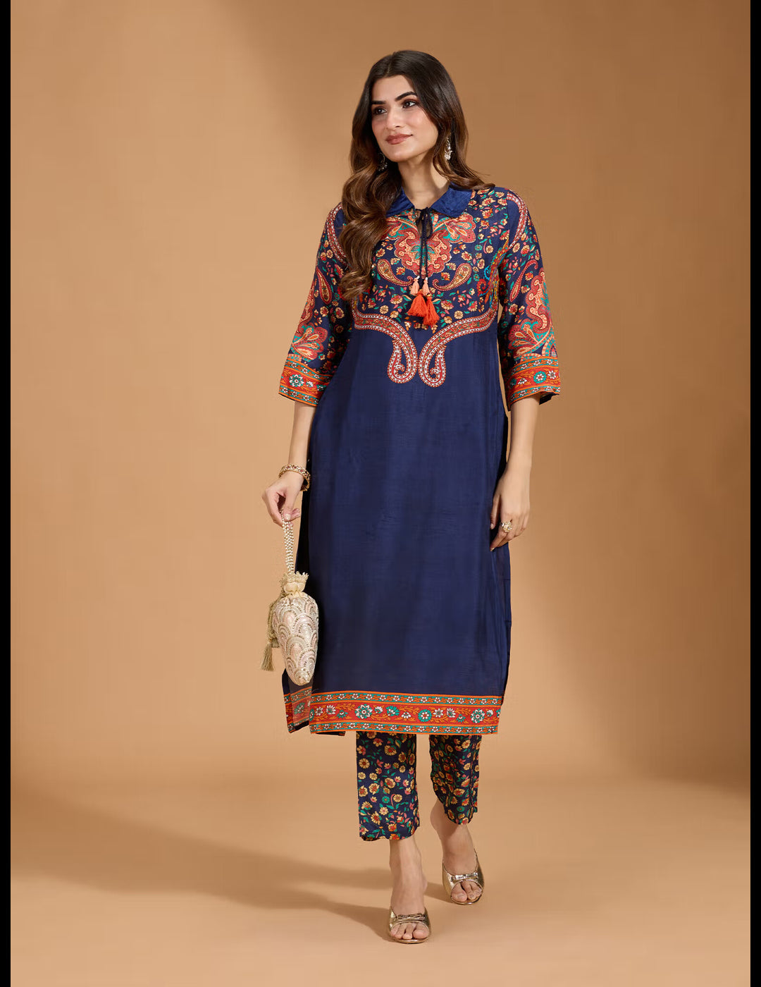 Muslin Floral & Paisley Printed with Sequinned Navy Blue Kurta & Pant