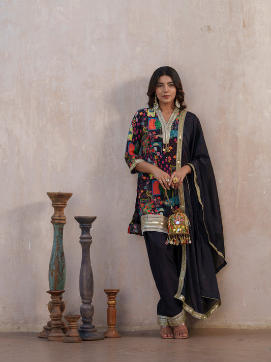 Black Ethnic Motifs Printed V-Neck Straight Kurta With Salwar And Dupatta