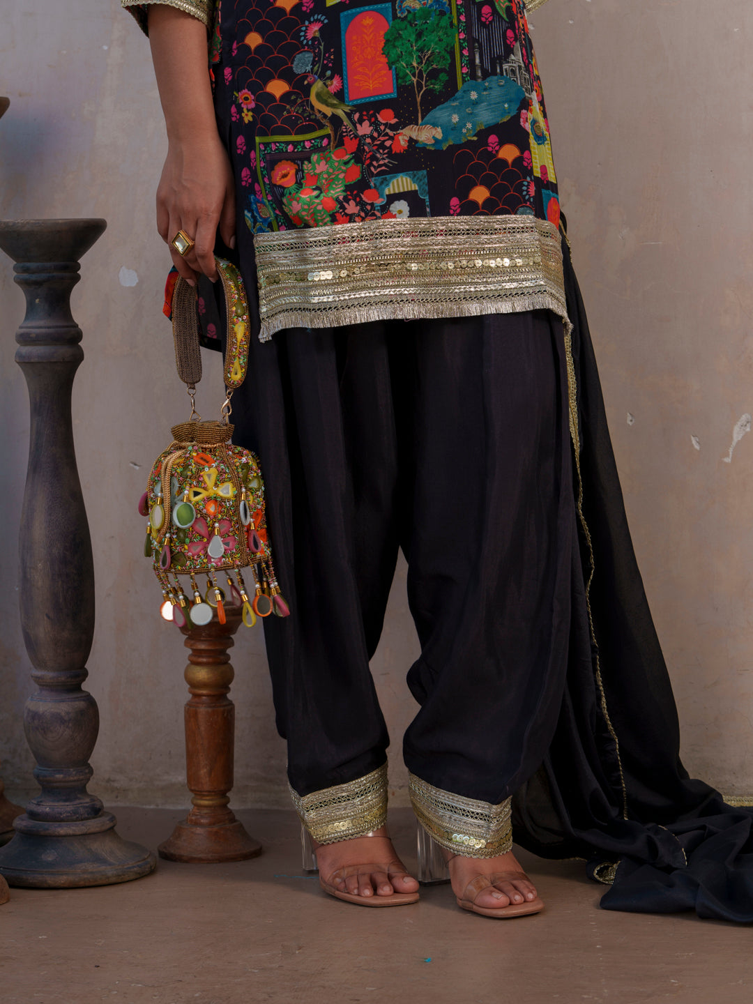 Black Ethnic Motifs Printed V-Neck Straight Kurta With Salwar And Dupatta