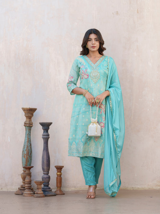 Blue Ethnic Motifs Embroidered V-Neck Beads & Stones Kurta With Trousers & Dupatta