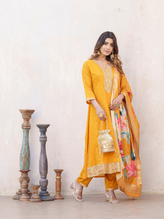 Yellow Floral Embroidered Panelled Sequinned A-Line Kurta With Trousers & Dupatta