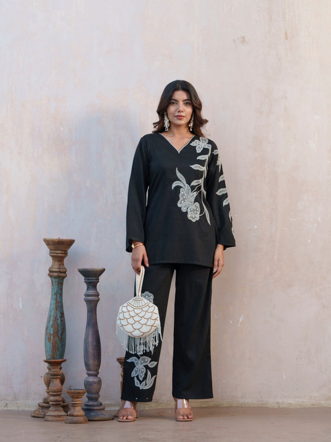 Floral Embroidered Thread Work V-Neck Tunic And Trousers