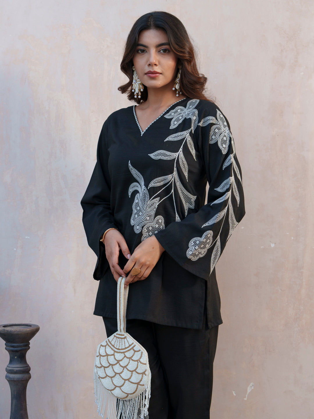 Floral Embroidered Thread Work V-Neck Tunic And Trousers