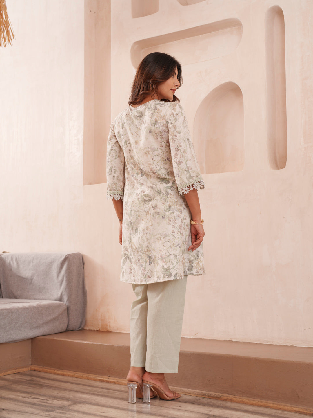 Floral Printed V-Neck Pure Cotton Tunic And Trousers