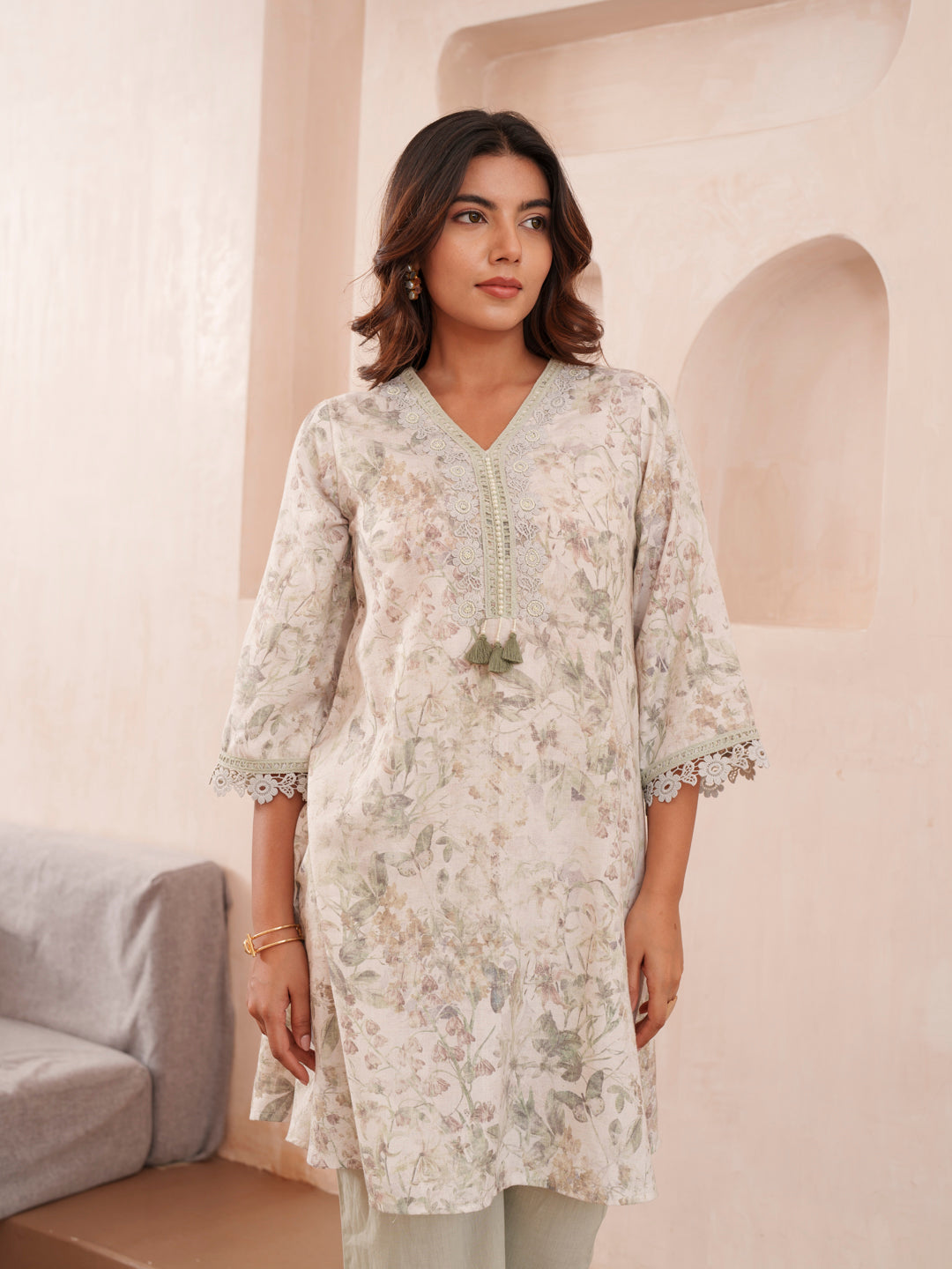 Floral Printed V-Neck Pure Cotton Tunic And Trousers