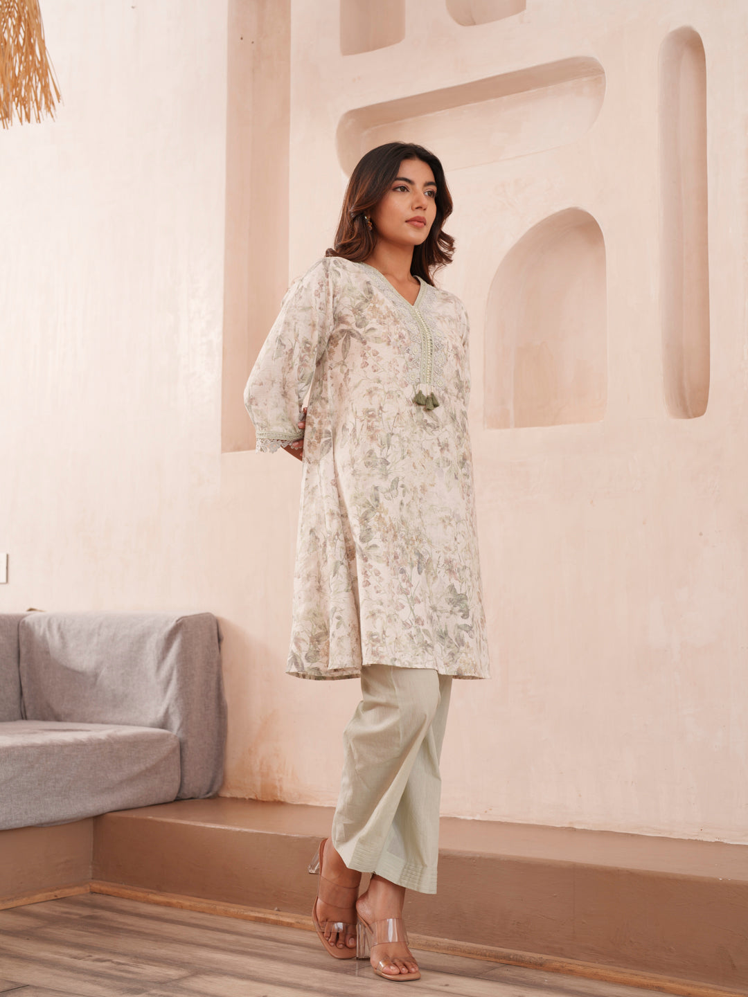 Floral Printed V-Neck Pure Cotton Tunic And Trousers
