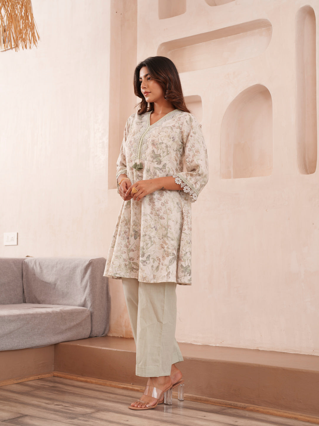 Floral Printed V-Neck Pure Cotton Tunic And Trousers