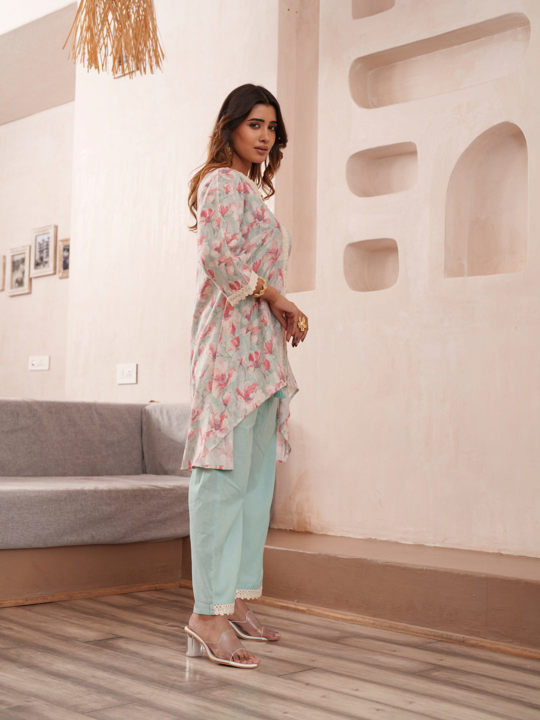 Floral Printed Mandarin Collar Pure Cotton Tunic And Trousers