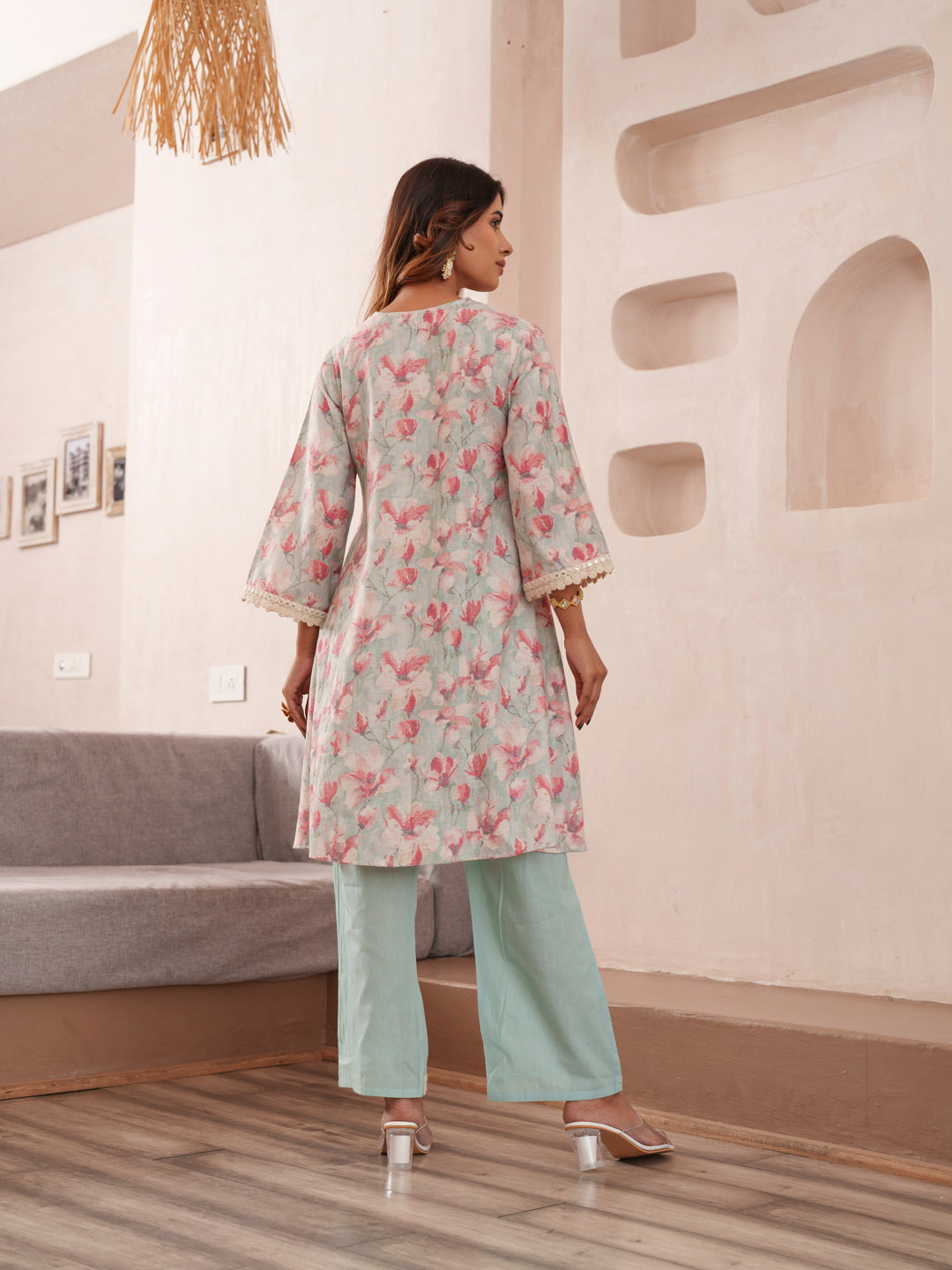 Floral Printed Mandarin Collar Pure Cotton Tunic And Trousers