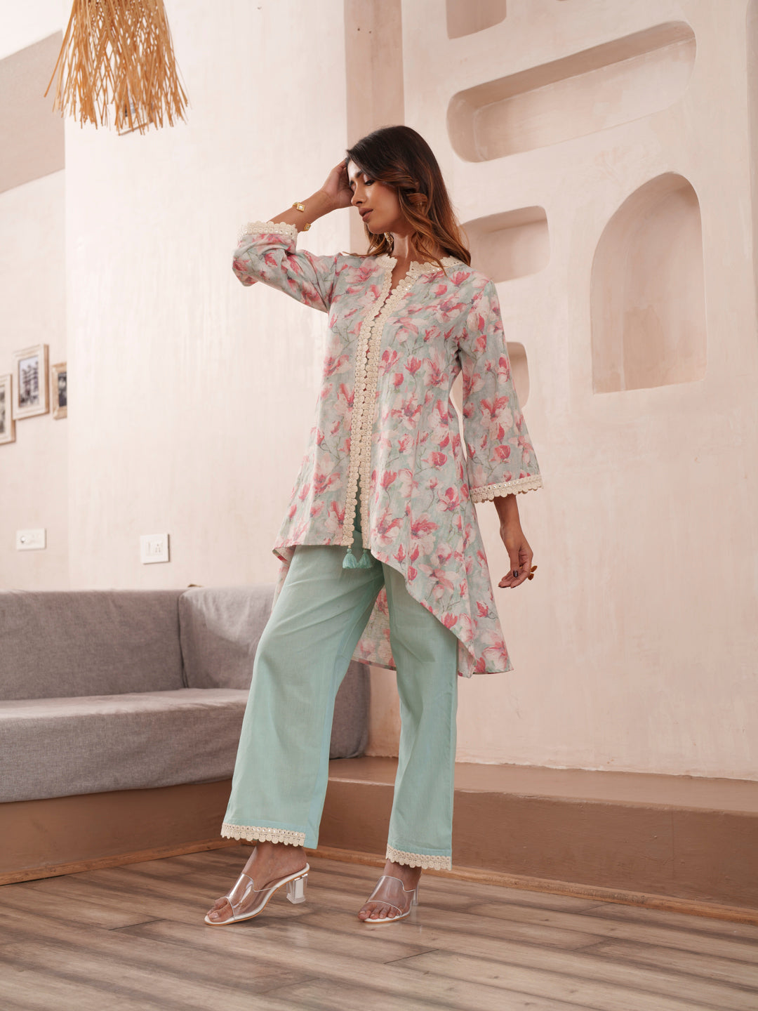 Floral Printed Mandarin Collar Pure Cotton Tunic And Trousers
