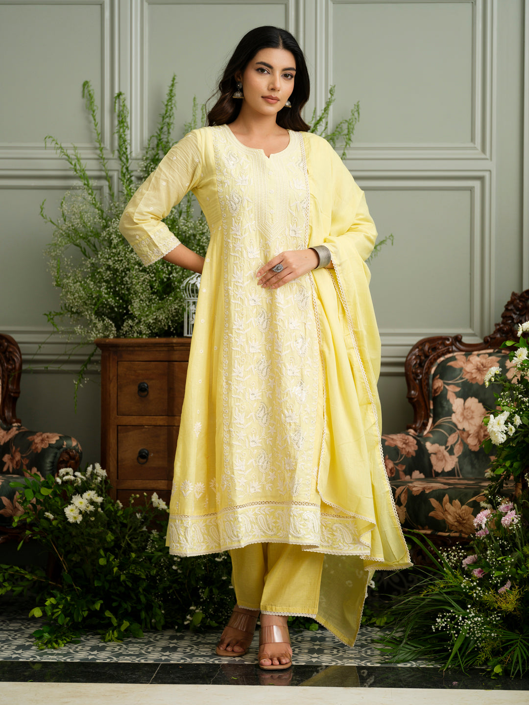 Embroidery Intricate Hand Chikankari Kurta with Pant and Dupatta