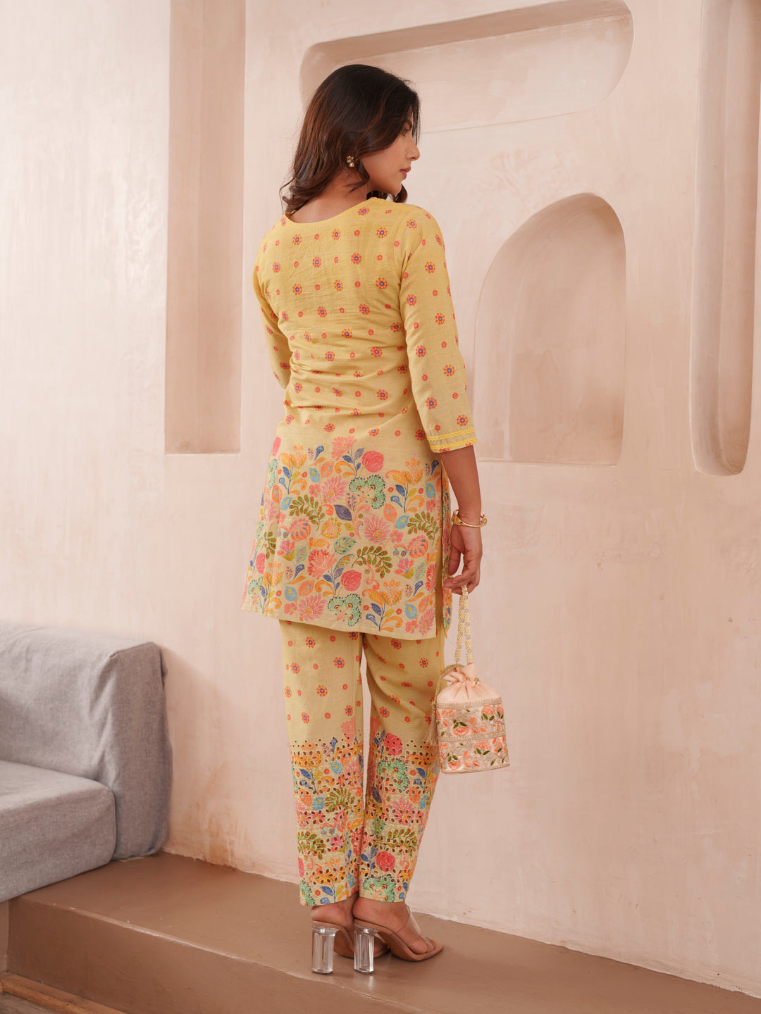 Floral Printed 100% Cotton V-Neck Tunic & Trousers Co-Ords