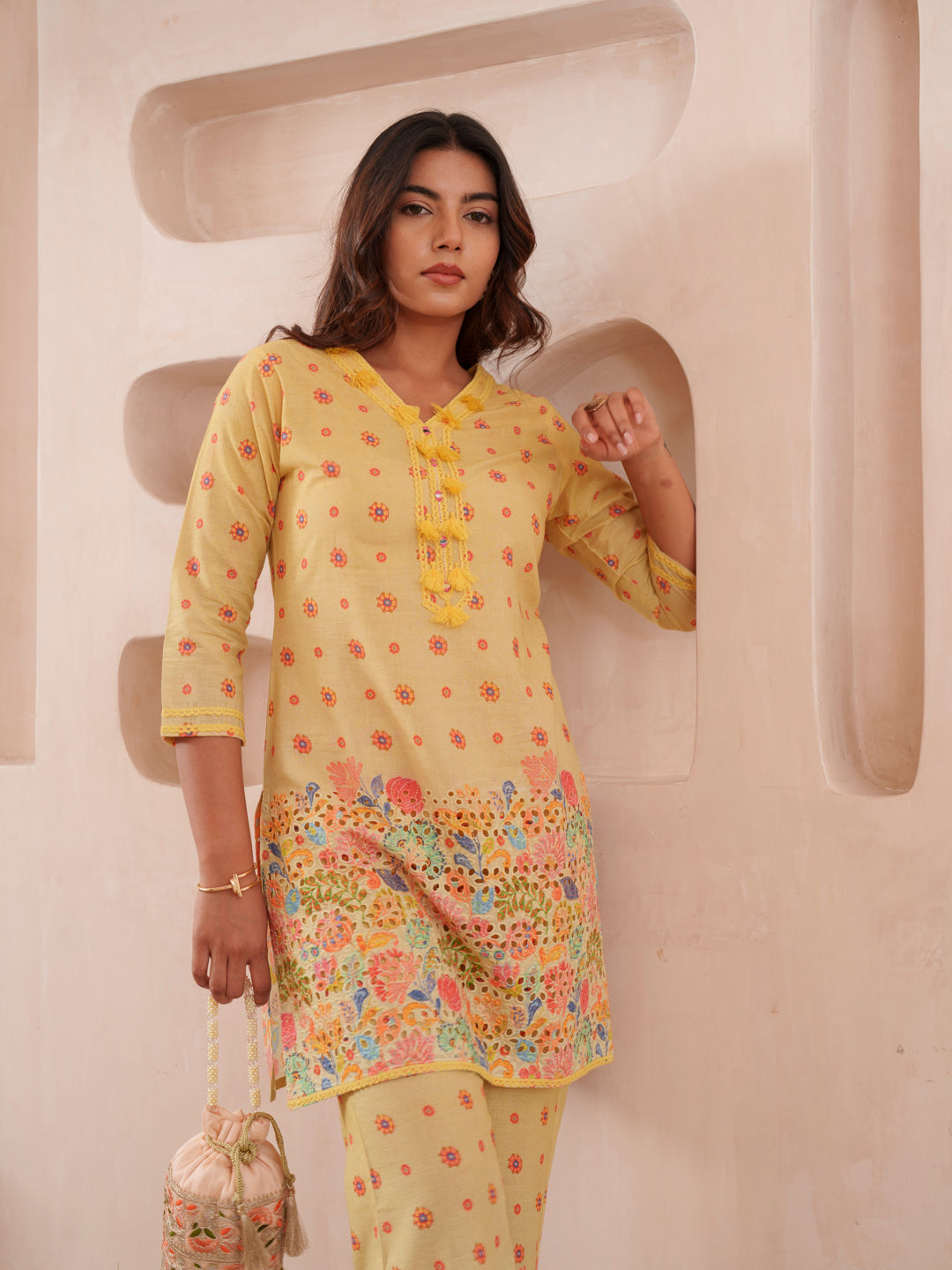 Floral Printed 100% Cotton V-Neck Tunic & Trousers Co-Ords