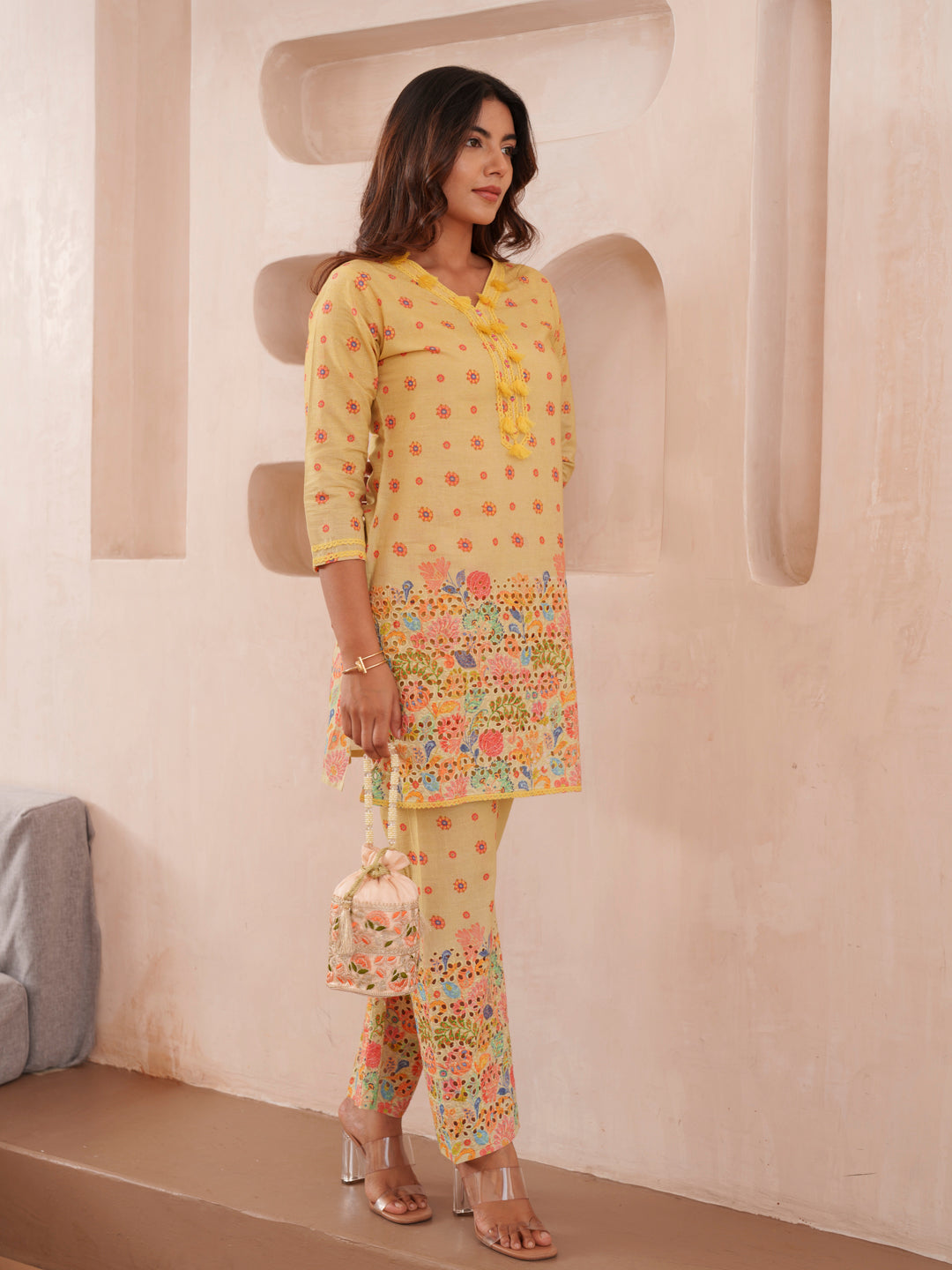 Floral Printed 100% Cotton V-Neck Tunic & Trousers Co-Ords