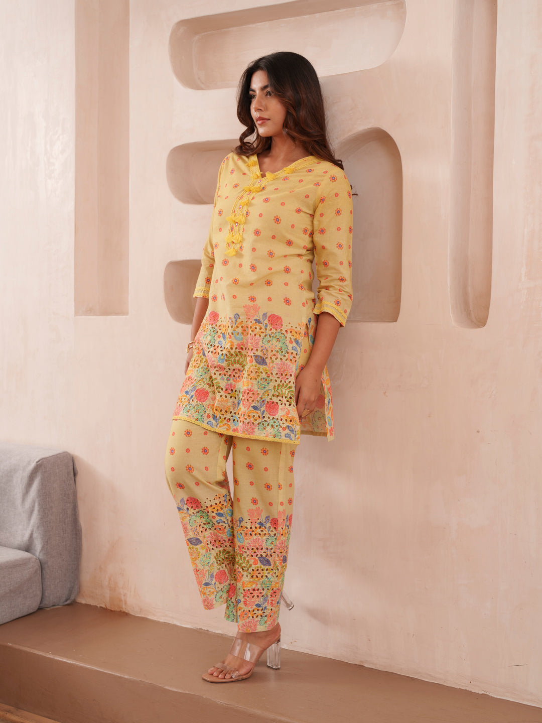 Floral Printed 100% Cotton V-Neck Tunic & Trousers Co-Ords
