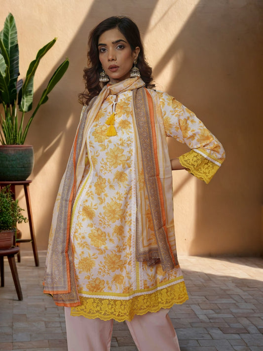 Women Floral Printed Linen Kurta with Trouser & Dupatta