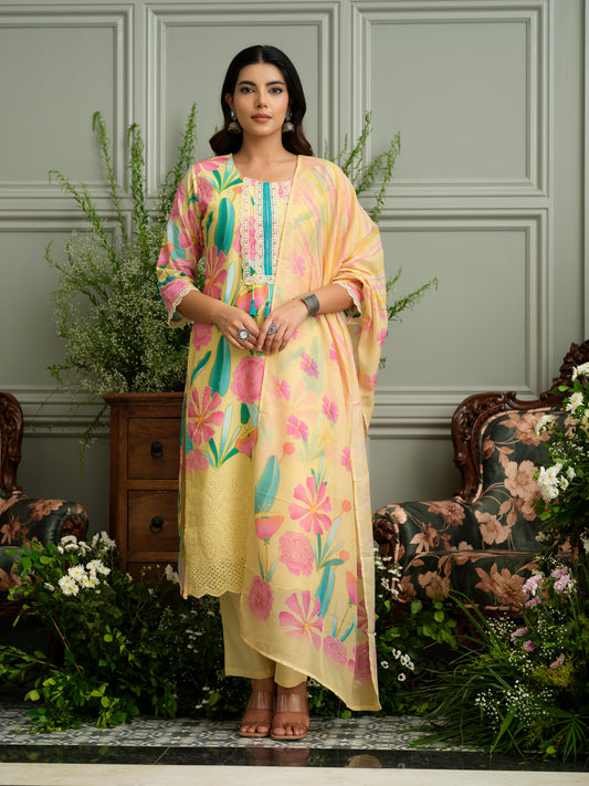 Pure Cotton Straight Hand Embroidery Chlifil Work Kurta With Pant and Printed Dupatta