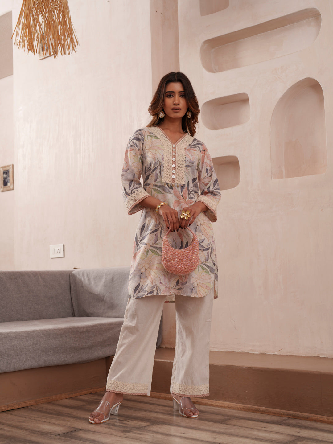 Floral Printed V-Neck Pure Cotton Tunic And Trousers
