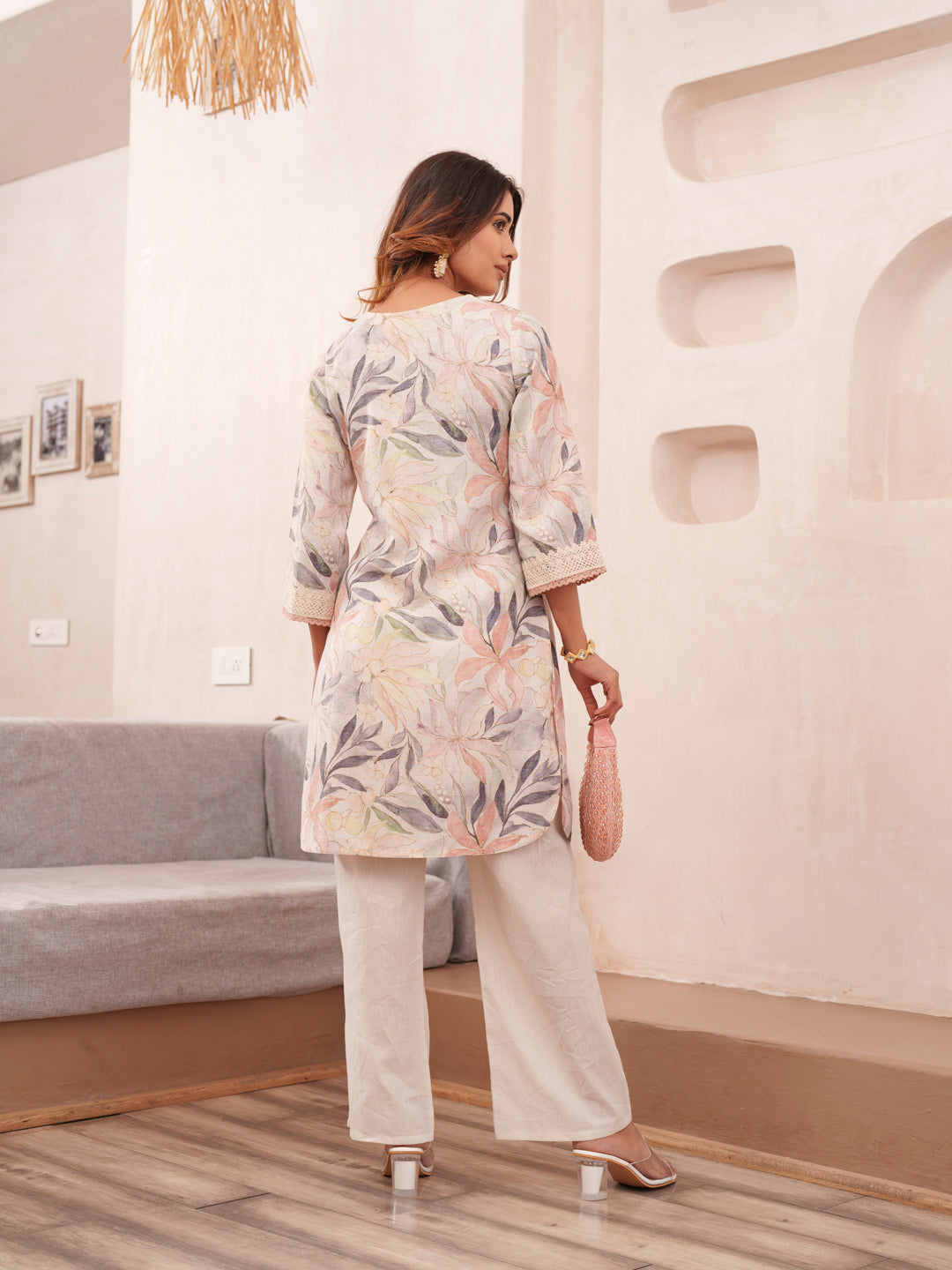 Floral Printed V-Neck Pure Cotton Tunic And Trousers