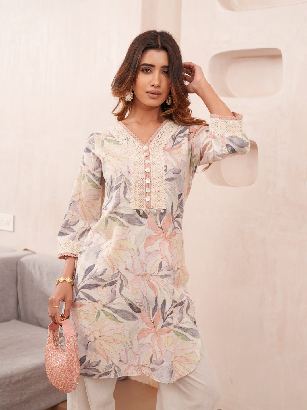 Floral Printed V-Neck Pure Cotton Tunic And Trousers