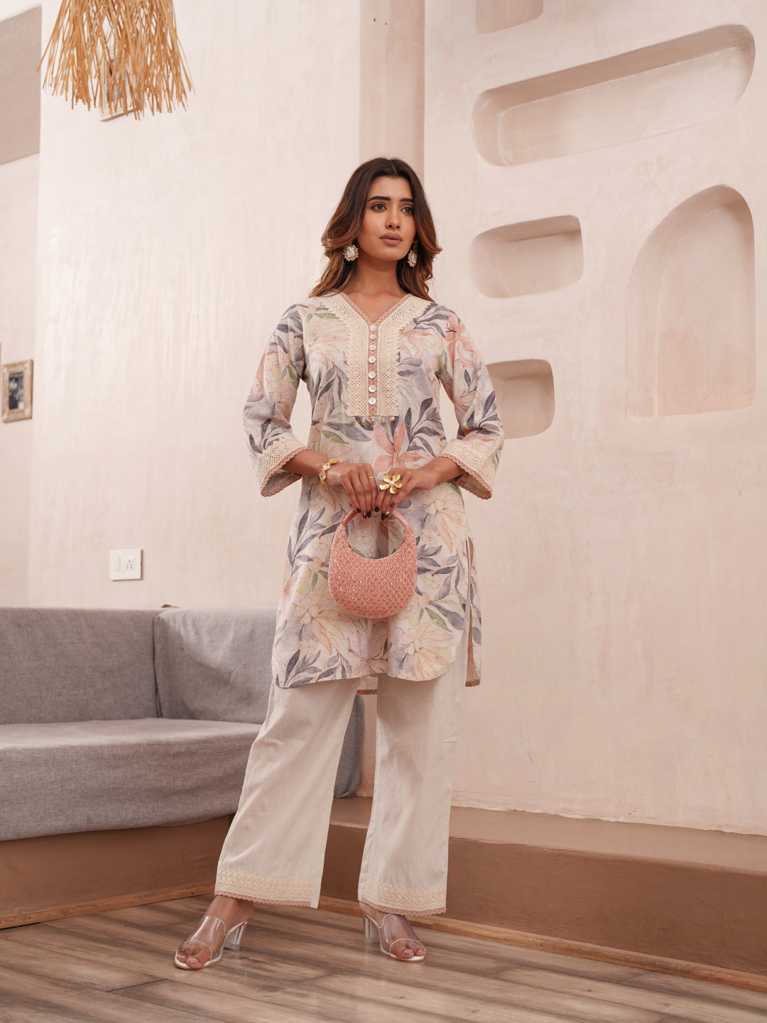 Floral Printed V-Neck Pure Cotton Tunic And Trousers