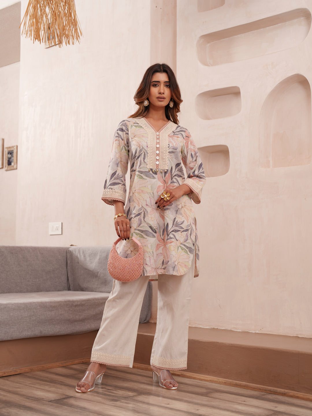 Floral Printed V-Neck Pure Cotton Tunic And Trousers
