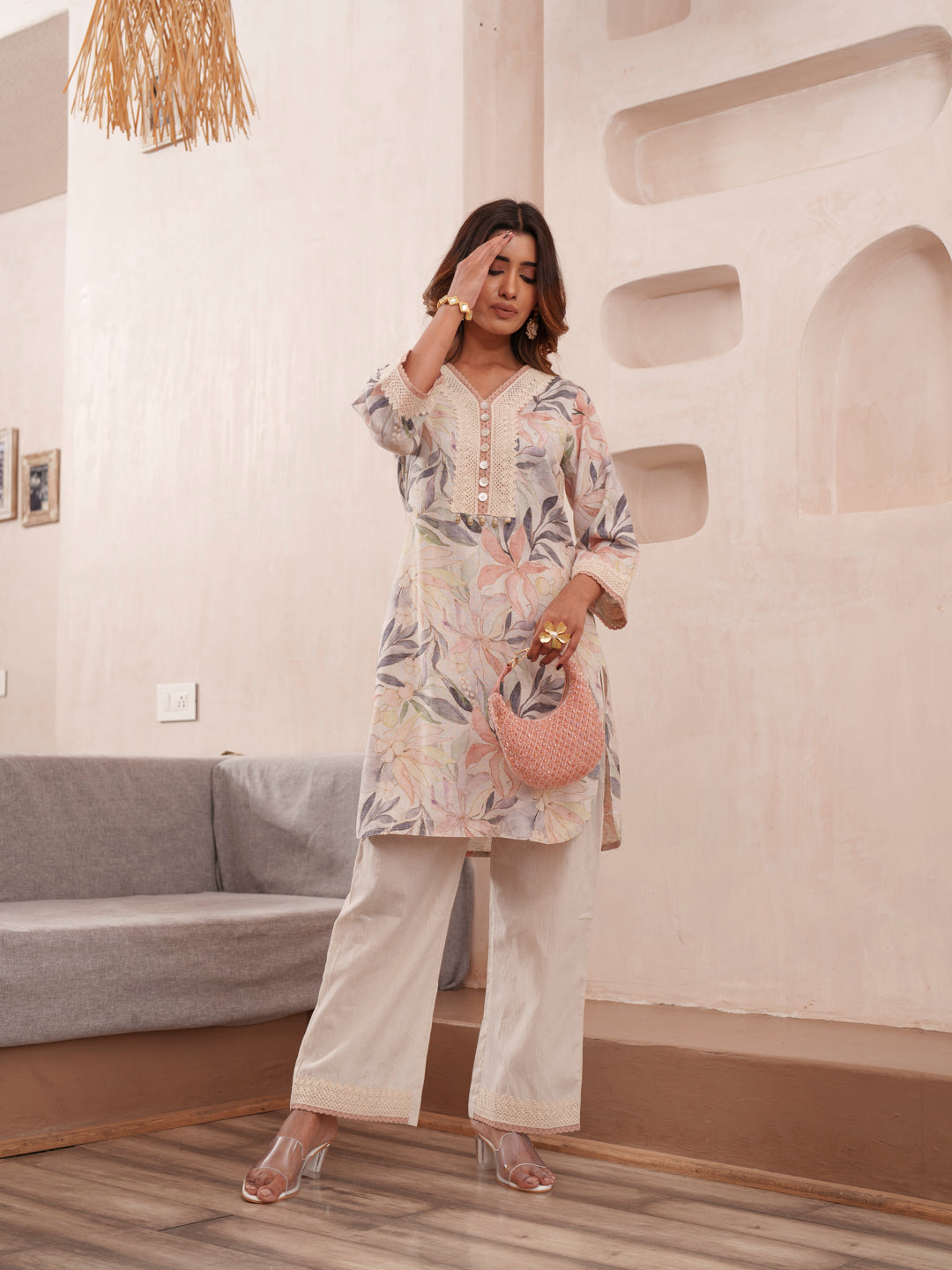 Floral Printed V-Neck Pure Cotton Tunic And Trousers