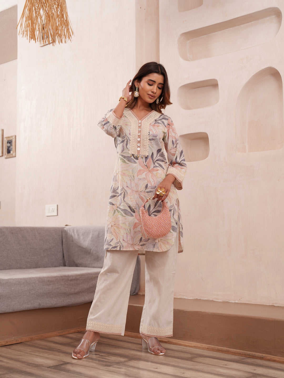 Floral Printed V-Neck Pure Cotton Tunic And Trousers