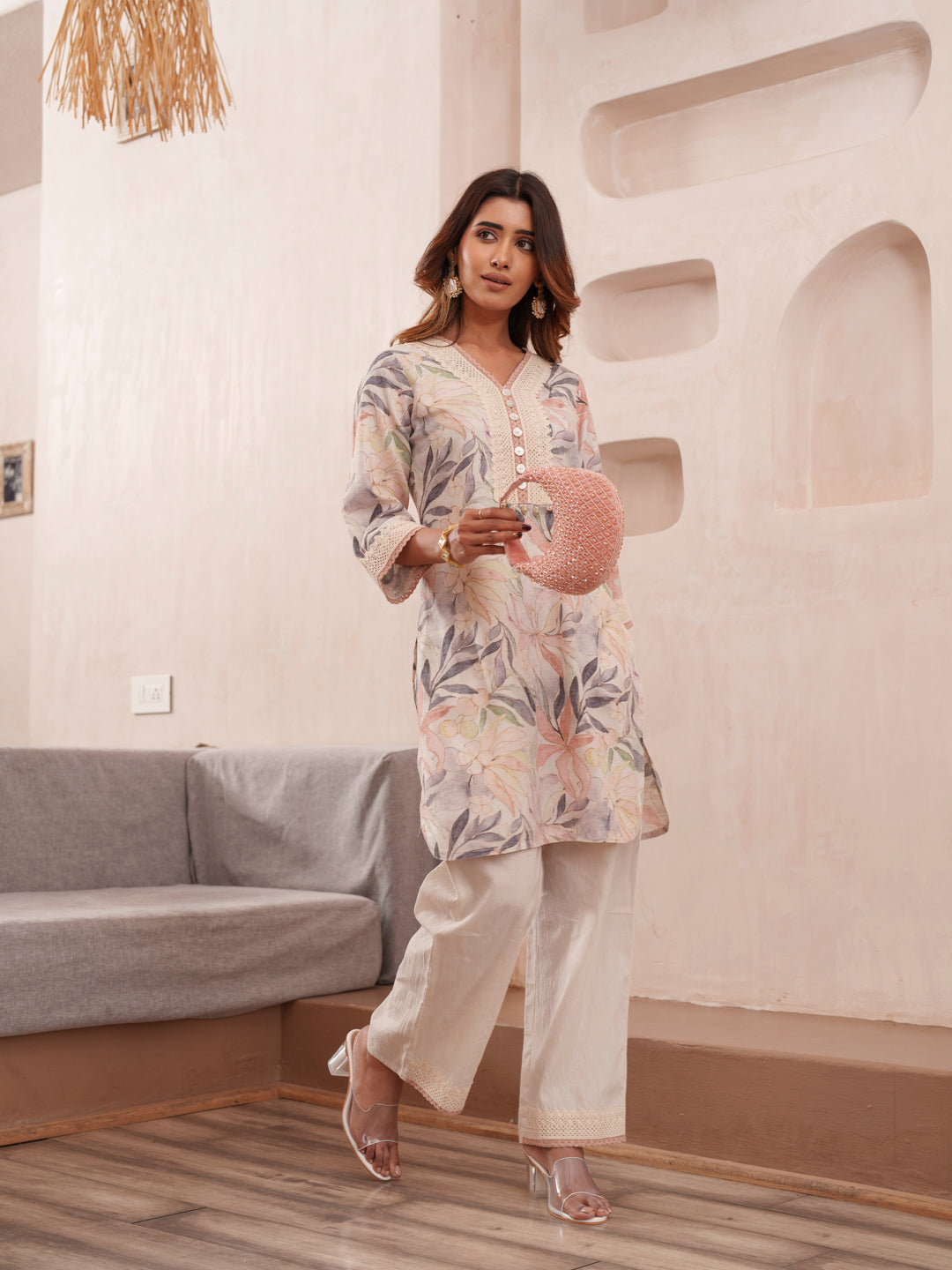 Floral Printed V-Neck Pure Cotton Tunic And Trousers