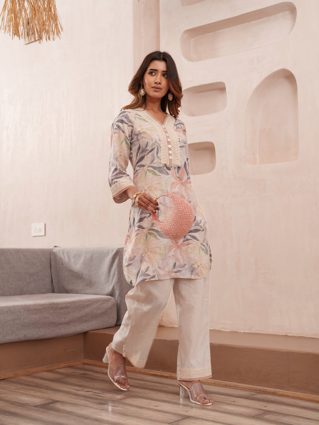 Floral Printed V-Neck Pure Cotton Tunic And Trousers