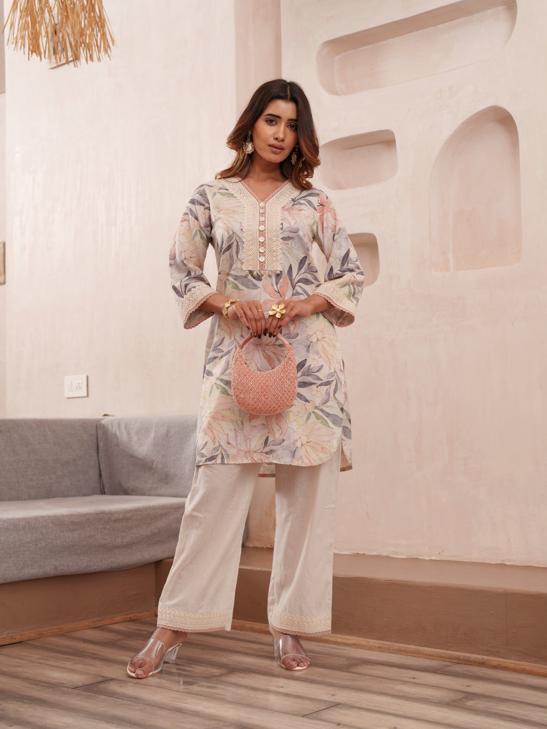 Floral Printed V-Neck Pure Cotton Tunic And Trousers