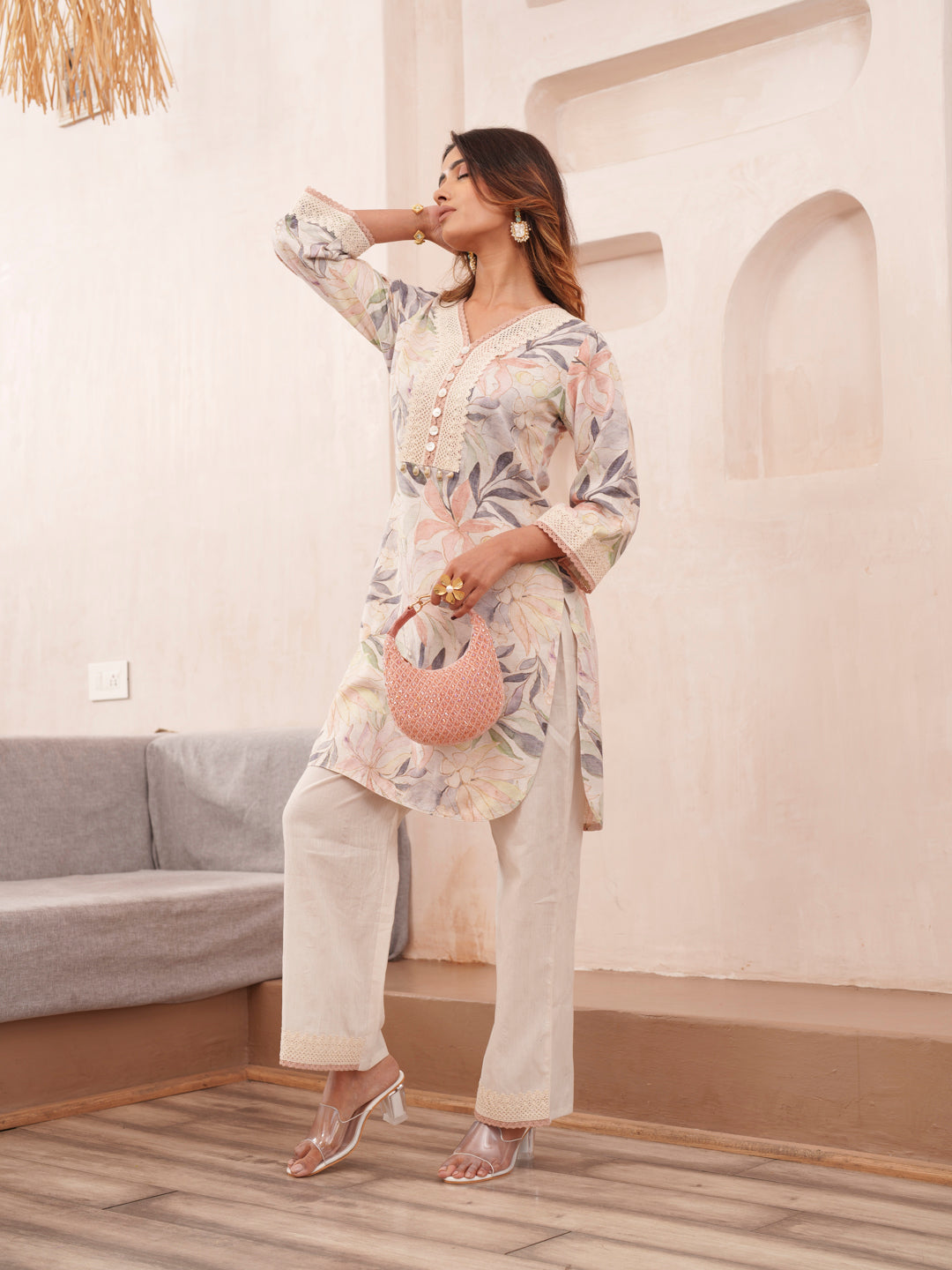 Floral Printed V-Neck Pure Cotton Tunic And Trousers