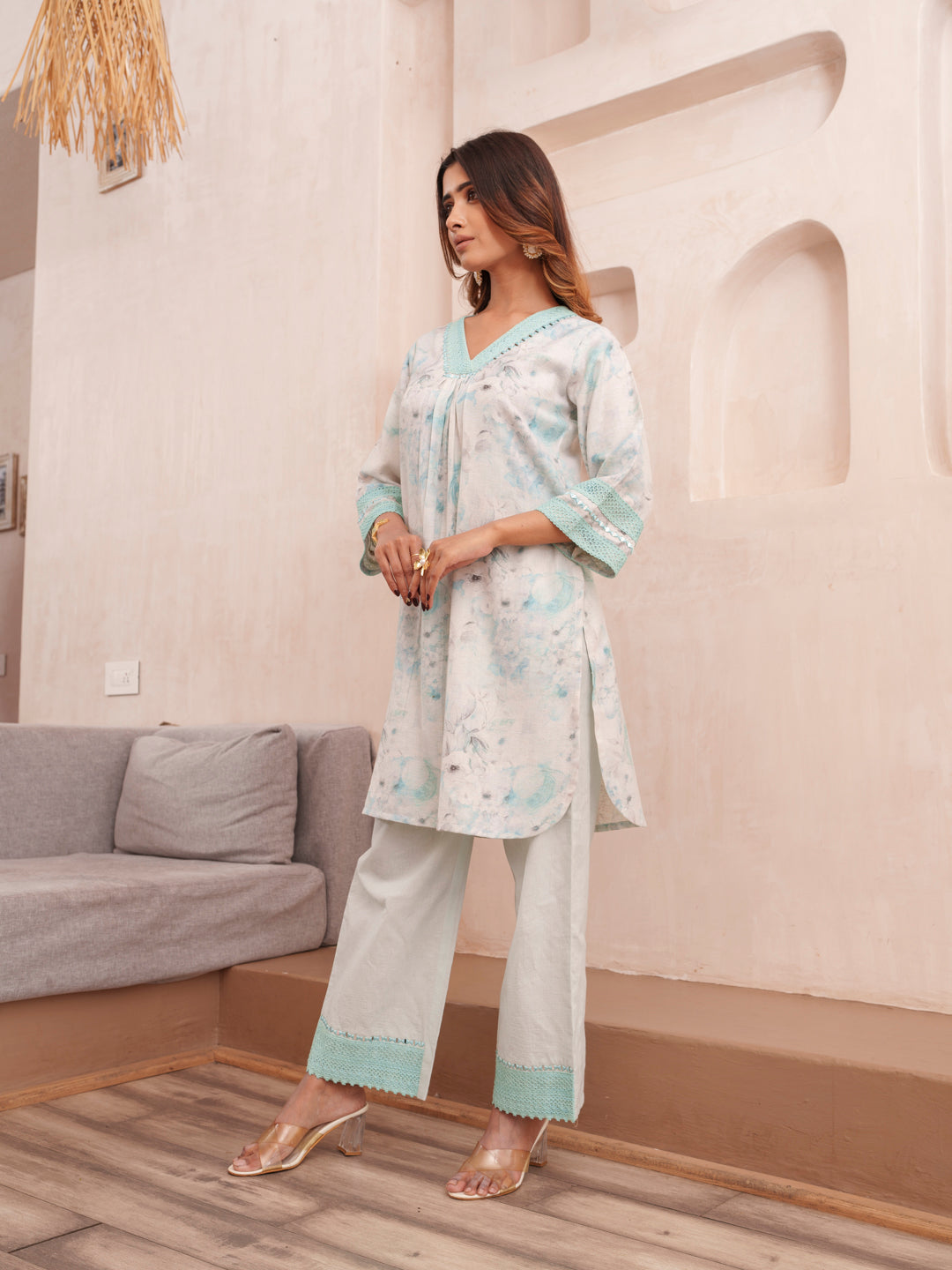 Floral Printed V-Neck Pure Cotton Tunic And Trousers