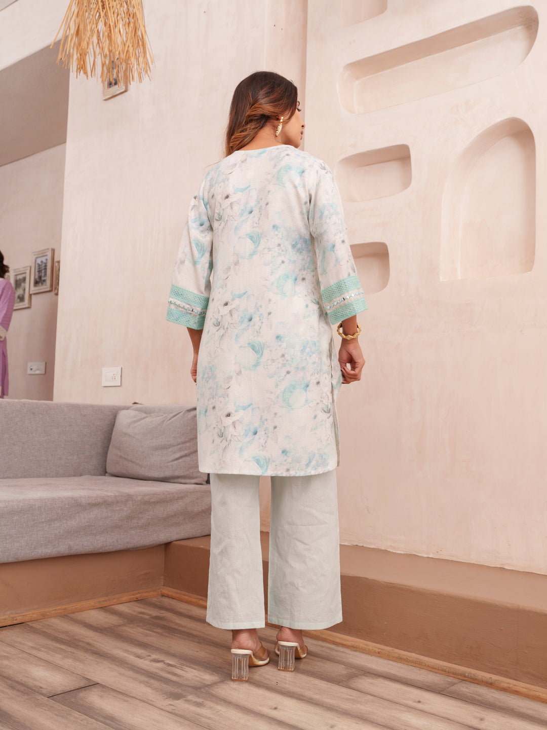 Floral Printed V-Neck Pure Cotton Tunic And Trousers