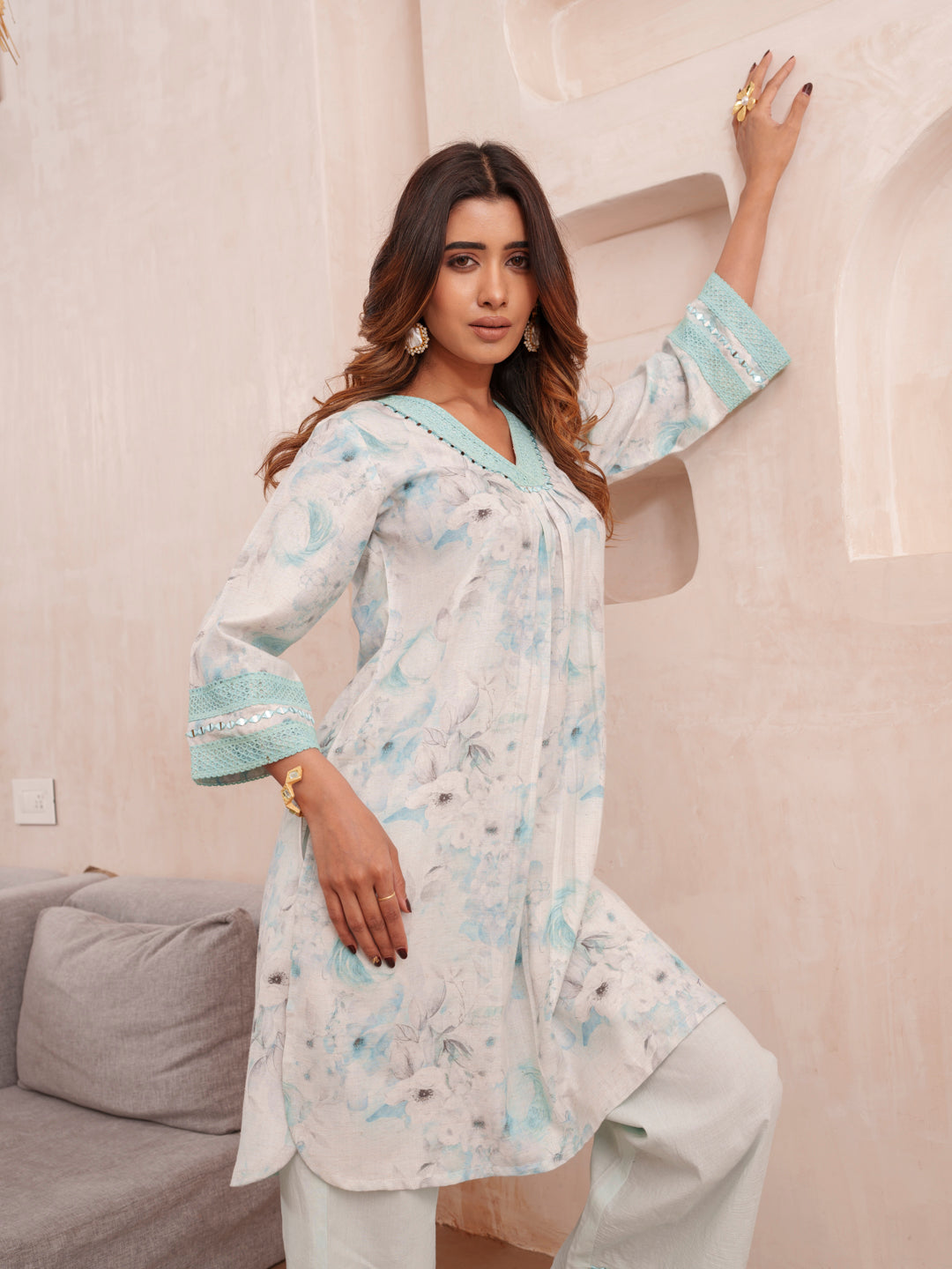 Floral Printed V-Neck Pure Cotton Tunic And Trousers