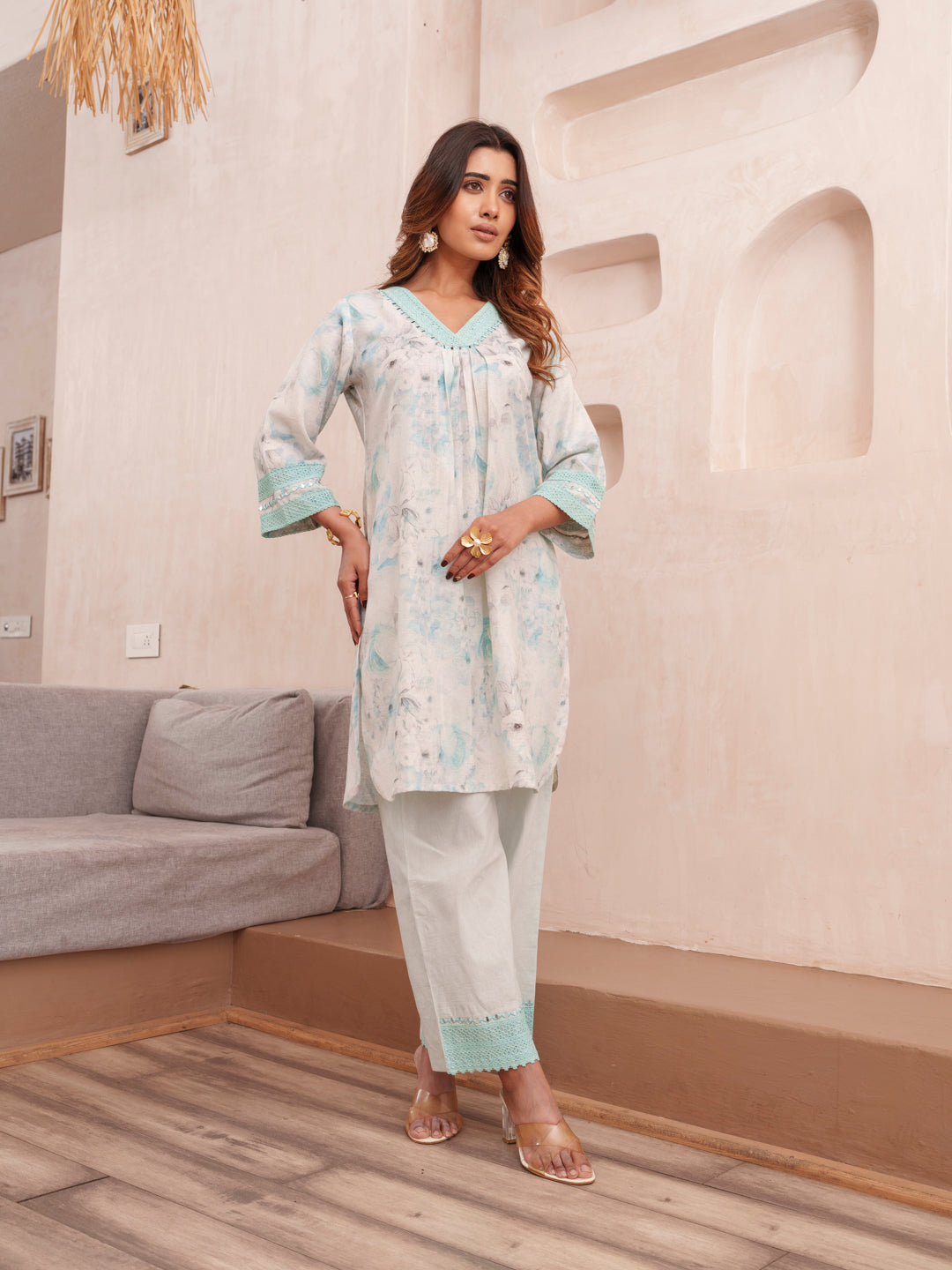Floral Printed V-Neck Pure Cotton Tunic And Trousers