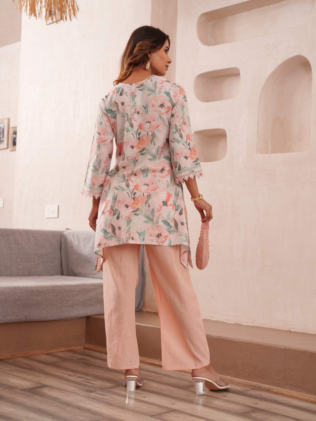 Floral Printed V-Neck Pure Cotton Tunic And Trousers