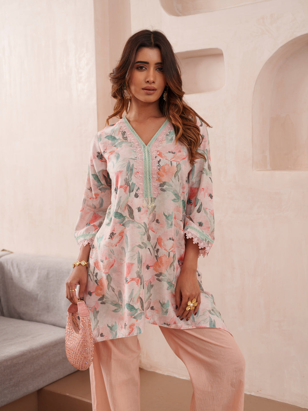 Floral Printed V-Neck Pure Cotton Tunic And Trousers