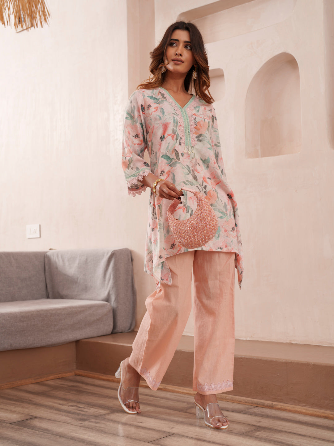 Floral Printed V-Neck Pure Cotton Tunic And Trousers