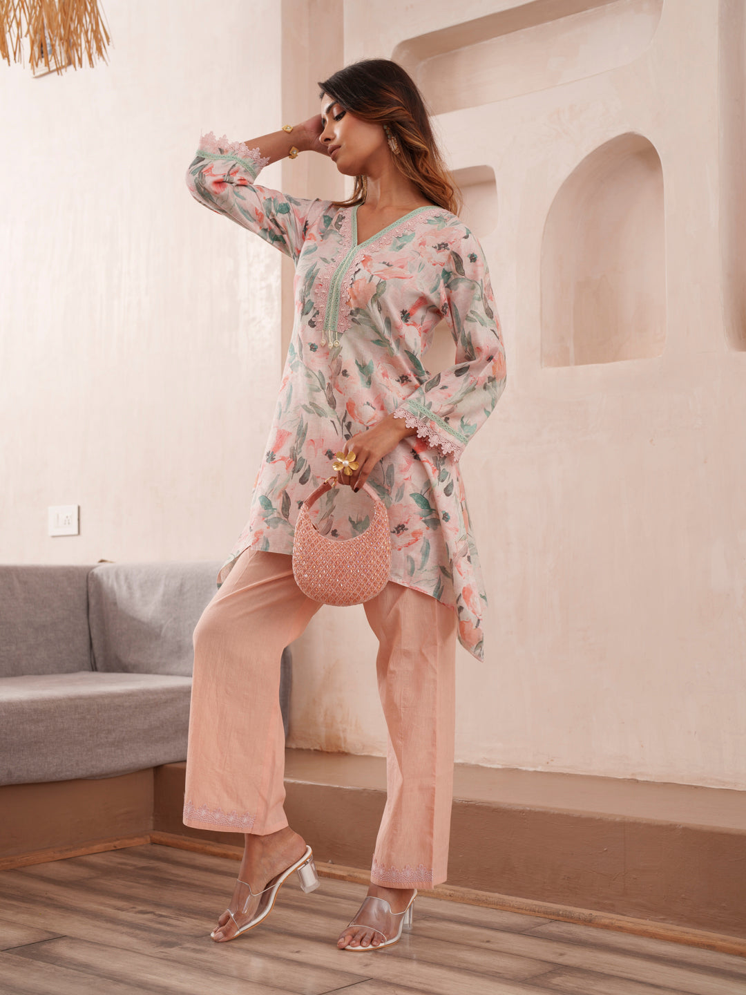Floral Printed V-Neck Pure Cotton Tunic And Trousers